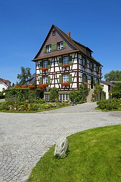 Half-timbered house on Reichenau island, Lake Constance, Baden-Wuerttemberg, Germany, Europe