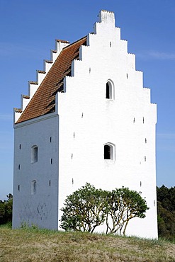 Dunes with the tower of the sand-engulfed Buried Church, Skagen, Jutland, Denmark, Europe