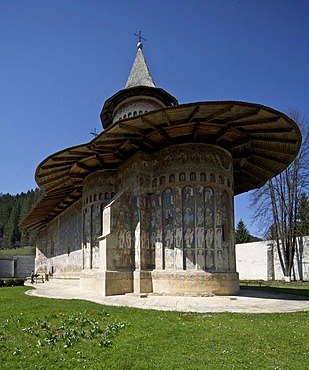 Frescoes on the Moldova convent, Vorone& Monastery, UNESCO World Heritage Site, Eastern Carpathians, Romania, Europe