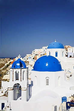 Blue church cupolas, Oia, Santorini, Cyclades, Greece, Europe