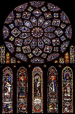 Church window on north porch, Cathedral of Notre-Dame-de-Chartres, Chartres, Eure-et-Loir, Centre, France, Europe