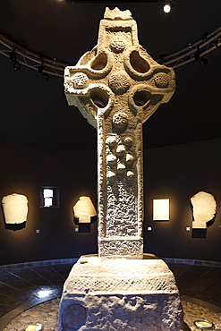 South Cross, a high cross in the Museum in Clonmacnoise Monastery, County Offaly, Leinster, Republic of Ireland, Europe