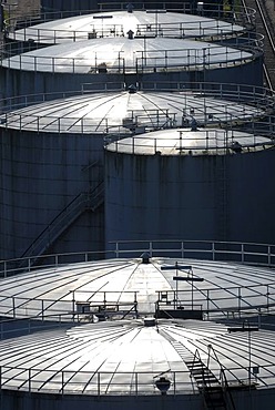 Oil tanks, tank building, back light, Kiel, Schleswig-Holstein, Germany, Europe