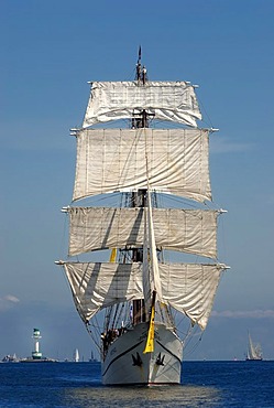 Fully rigged three-masted barque, traditional sailing, windjammer Arthemis with the Friedrichsort lighthouse in the distance, Kiel Week 2010, Kiel Fjord, Schleswig-Holstein, Germany, Europe