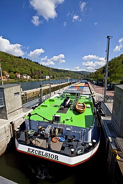 View of a ship in a lock on the Neckar River, Heidelberg, Neckar, Baden-Wuerttemberg Germany, Europe