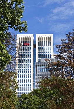 View of OpernTurm tower, developed by Tishman Speyer Property, and the BHK Bank, Westend, Frankfurt am Main, Hesse, Germany, Europe