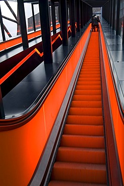 Illuminated escalator leading to visitor's level of the Ruhr Museum, colliery Zeche Zollverein, UNESCO World Cultural Heritage, Essen, North Rhine-Westphalia, Germany, Europe