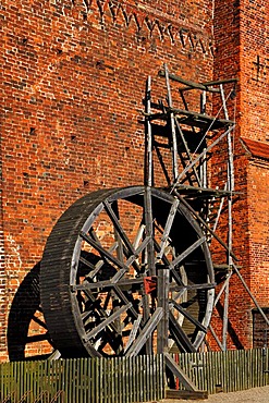 Reconstructed scaffolding from 1300 at the bottom of the tower of the Abbey Church, founded in 1230, Rhena, Mecklenburg-Western Pomerania, Germany, Europe