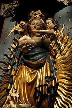 Detail of the Madonna with halo, 1438, unknown artist, in the Sebalduskirche church, Sebalder Platz, Nuremberg, Middle Franconia, Bavaria, Germany, Europe