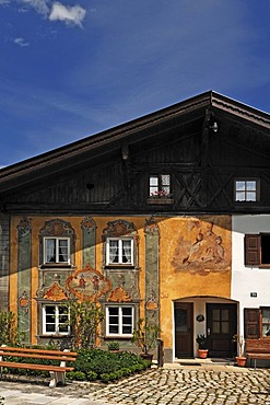 Lueftlmalerei traditional mural, 1764, by Franz Karner, on an old farmhouse, Im Gries, Goethestrasse 28, Mittenwald, Upper Bavaria, Bavaria, Germany, Europe