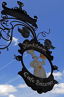Advertising sign of the Cafe Bolzano, Obermarkt 54, Mittenwald, Upper Bavaria, Bavaria, Germany, Europe