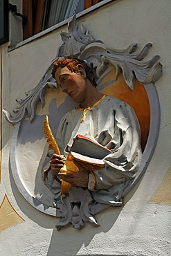 Relief figure over a door, Obermarkt 51, Mittenwald, Upper Bavaria, Bavaria, Germany, Europe