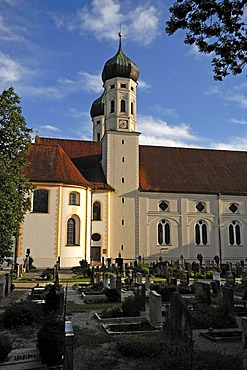 Monastery church of St. Benedikt with cemetary, Benediktbeuren, Upper Bavaria, Bavaria, Germany, Europe