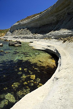 Rocky coast, Marsalforn Bay, Marsalforn, Island of Gozo, Malta, Mediterranean Sea, Europe