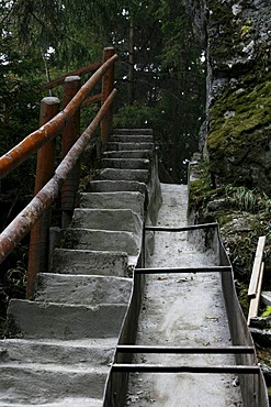 Construction section, hiking trail along an old irrigation channel, Bisse Vieux, aqueduct, Valais, Switzerland, Europe