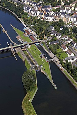 Aerial view, Mosel River lock in Koblenz, Rhineland-Palatinate, Germany, Europe