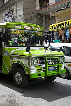 Vintage green Dodge bus in La Paz, Bolivia, South America