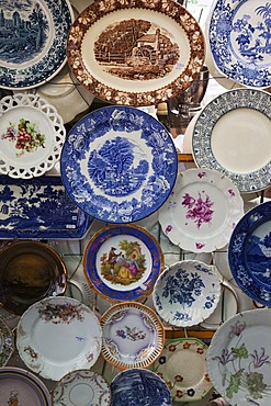 Antique bone china plates at San Telmo Market, Plaza Dorrego, Buenos Aires, Argentina, South America