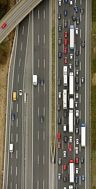 Aerial photo, motorway bridge, traffic jam, Kamen, Ruhr Area, North Rhine-Westphalia, Germany, Europe