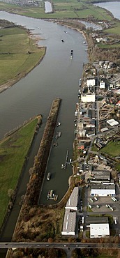 Aerial view, Rhine river harbour, river Lippe estuary, bridge, Weseler Strasse street, Wesel, Niederrhein region, North Rhine-Westphalia, Germany, Europe