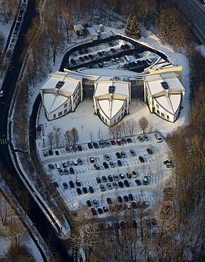 Aerial view, office buildings, commercial property, Am Eichenhain, snow, winter, Siegen, Sauerland area, North Rhine-Westphalia, Germany, Europe