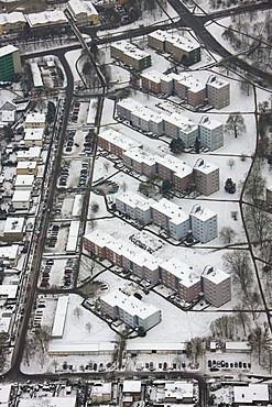 Aerial view, apartment buildings, Boele, snow, Garenfeld, Hagen, North Rhine-Westphalia, Germany, Europe