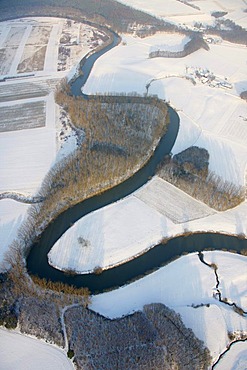 Aerial view, snow, Lippe river, Clostern, Olfen, Ruhrgebiet area, North Rhine-Westphalia, Germany, Europe