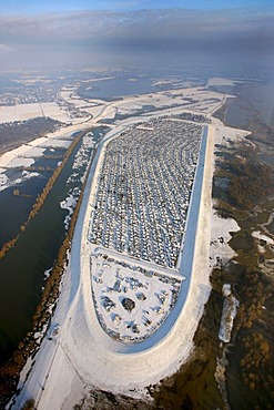 Aerial view, camping ground, winter camping, Carthusian Grav-Insel island, Wesel, North Rhine-Westphalia, Germany, Europe