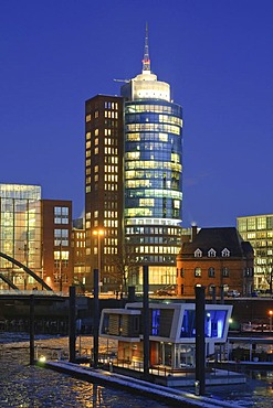 The marina in the Hamburg harbor, in the back the HTC Hanseatic Trade Center, Hamburg, Germany, Europe