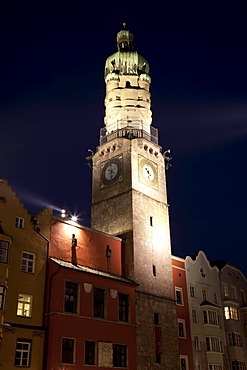 City tower in the historic centre, night shot, provincial capital Innsbruck, Tyrol, Austria, Europe