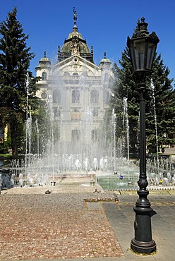 Fountain in front of the National Theater in the historic town of Kosice, Slovakia, Eastern Europe