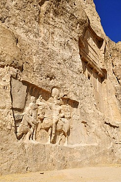 Historic Sassanid relief of the triumph of King Shapur I. over the Roman Emperor Valerian and Philip the Arab and tomb of King Darius, Dareios I. at the Achaemenid burial site Naqsh-e Rostam, Rustam near the archeological site of Persepolis, UNESCO World 