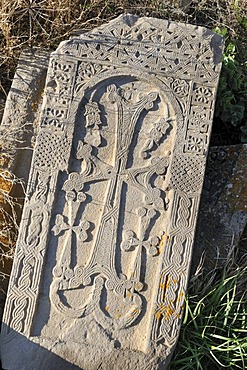 Historic Armenian cross-stone, khachkar, at Vorotnavank monastery, Vorotan Valley, Armenia, Asia