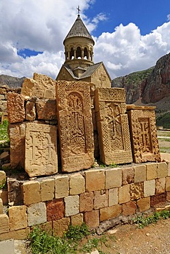 Historic Armenian orthodox church with cross-stone, khachkar, at Noravank monastery, Armenia, Asia