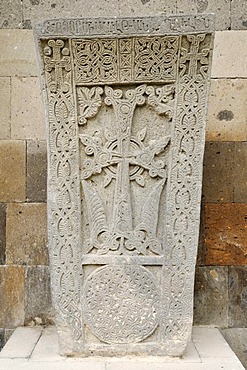 Historic cross-stone, khachkar, at the main Armenian orthodox cathedral, UNESCO World Heritage Site, Echmiadzin, Armenia, Asia