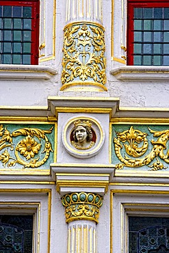 Figures on the Palace of Justice, Burgplein, Bruges in West Flanders, Belgium, Europe