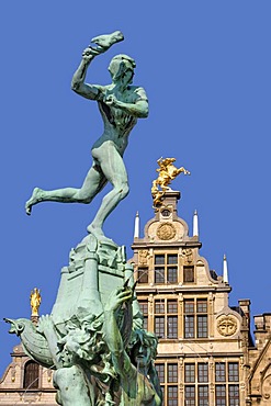 The Silvius Brabo fountain and facade of a guild house on the Grote Markt square, Antwerp, Flanders, Belgium, Europe