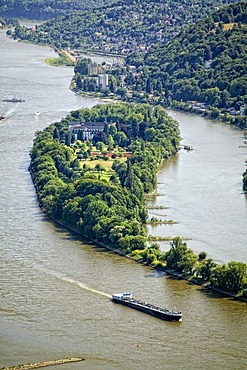 View from Mt. Drachenfels on the Nonnenwerth Rhine island, Koenigswinter, North Rhine-Westphalia, Germany, Europe