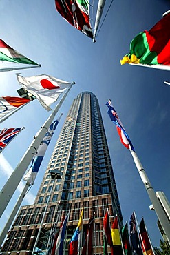 International flags in front of the fair tower, Frankfurt am Main, Hesse, Germany, Europe