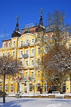 Hotel facade, wintery, Marianske Lazne, Czech Republic, Europe