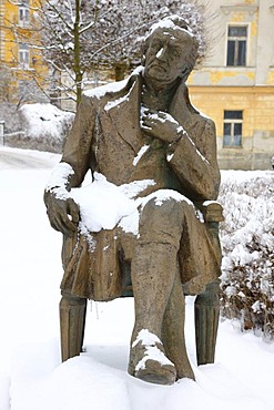 Goethe memorial in front of the Goethe Museum, wintery, Marianske Lazne, Czech Republic, Europe