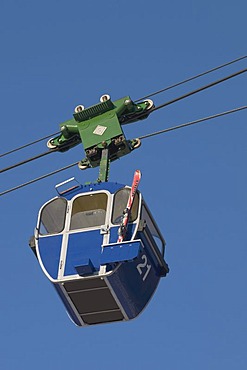 Blue cabin with ski at the Kampenwandbahn ropeway, Chiemgau, Bavaria, Germany, Europe