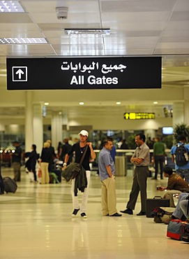 Sign "All gates" for departure gates, writing, English, Arabic, Doha International Airport, Doha, Qatar, Asia