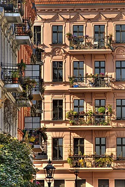 Balconies and picturesque old buildings on Chamissoplatz square, near Bergmannstrasse street, Kreuzberg district, Berlin, Germany, Europe