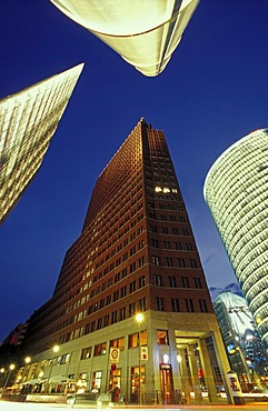 Skyscrapers on Potsdamer Platz square, the Chrysler Building, the Sony Center, Deutsche Bahn Tower and Beisheim Center with Ritz Carlton Hotel, Tiergarten district, Berlin, Germany, Europe