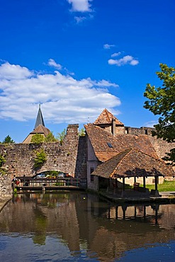 Le Bruch, old city wall with weir on the Lauter river, Wissembourg, Vosges du Nord nature park, Vosges mountains, Alsace, France, Europe