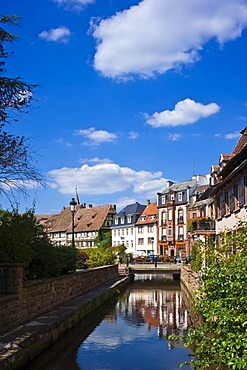 Of buildings on the Lauter river, Wissembourg, Vosges du Nord nature park, Vosges mountains, Alsace, France, Europe