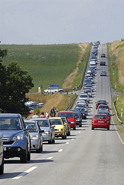 Queue of cars on a straight road, Kivik, Schonen, Schweden, Scandinavia, Europe