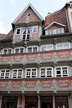 Historic half-timbered house on the market, ornamental facade, Quedlinburg, Harz, Saxony-Anhalt, Germany, Europe