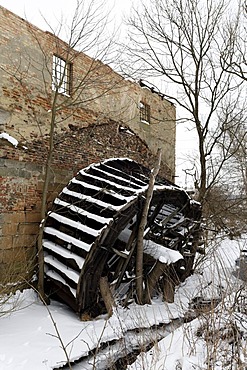 Dilapidated old mill with mill wheel on the Bode river, snow, Weddersleben near Thale, northern Harz, Saxony-Anhalt, Germany, Europe